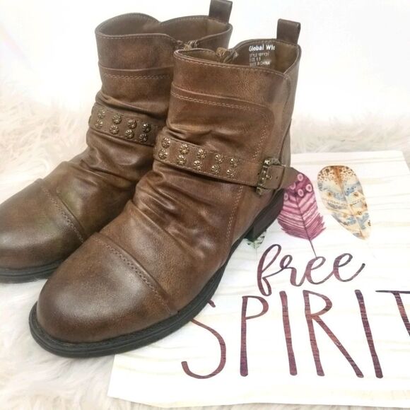 GLOBAL WIN BROWN FAUX LEATHER BOOTS. SIZE 8.5 - Picture 1 of 12